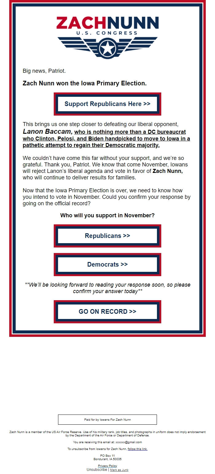 Screenshot of the email generated on import