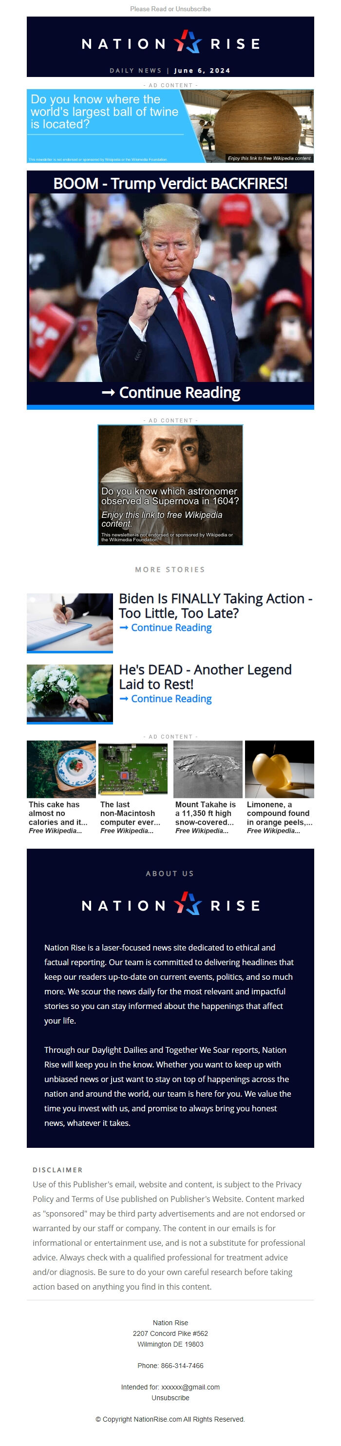 Screenshot of the email generated on import