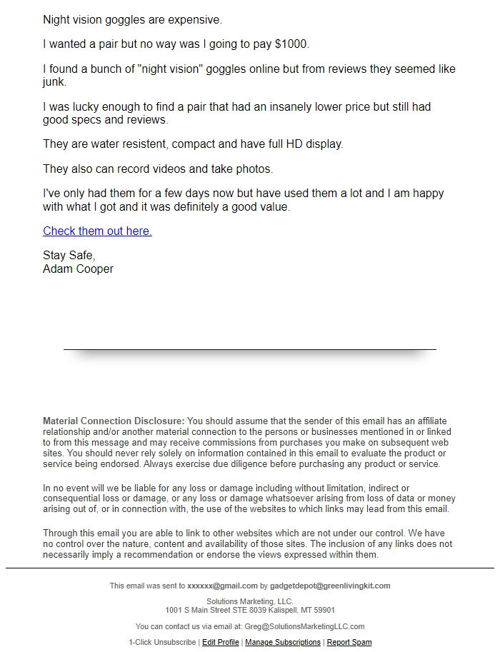 Screenshot of the email generated on import