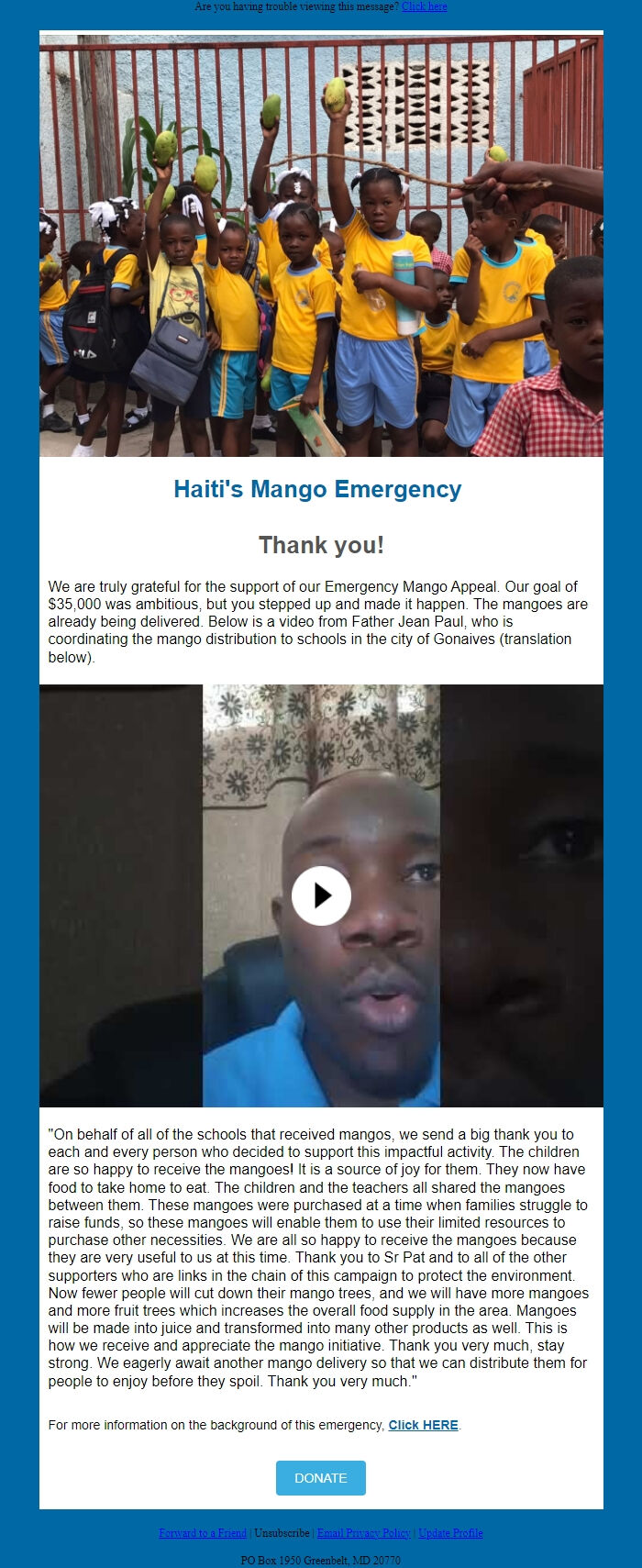 Screenshot of the email generated on import