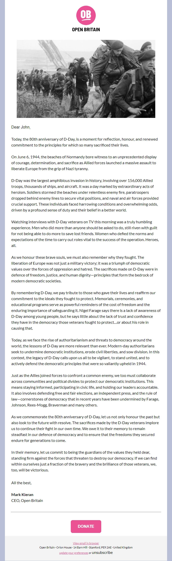 Screenshot of the email generated on import