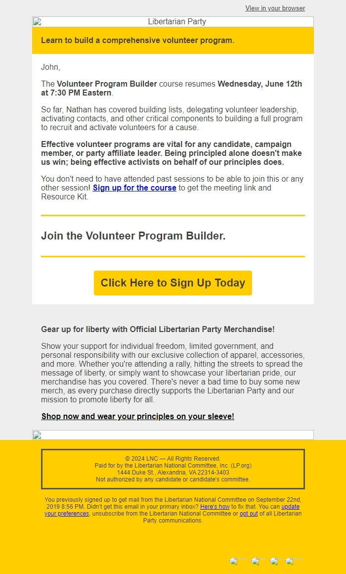 Screenshot of the email generated on import