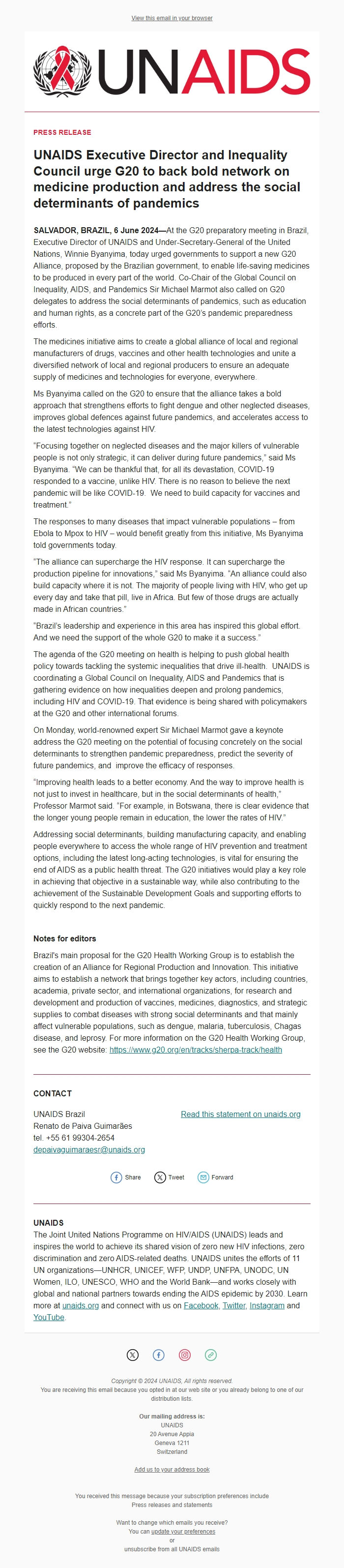 Screenshot of the email generated on import