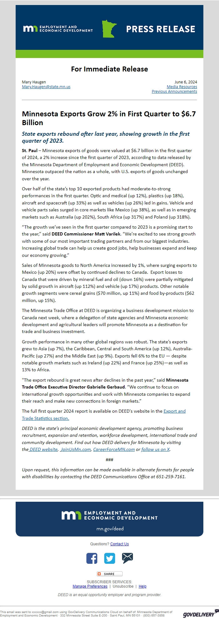 Screenshot of the email generated on import