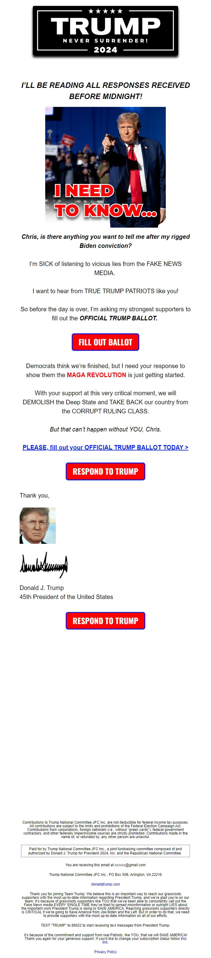 Screenshot of the email generated on import