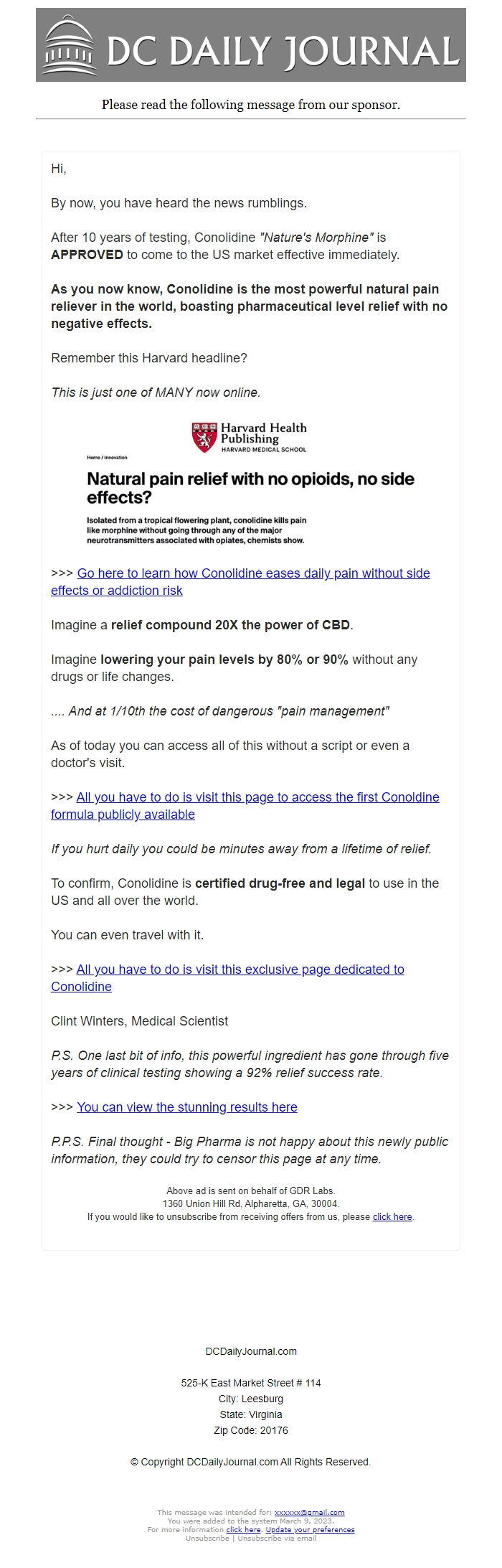 Screenshot of the email generated on import