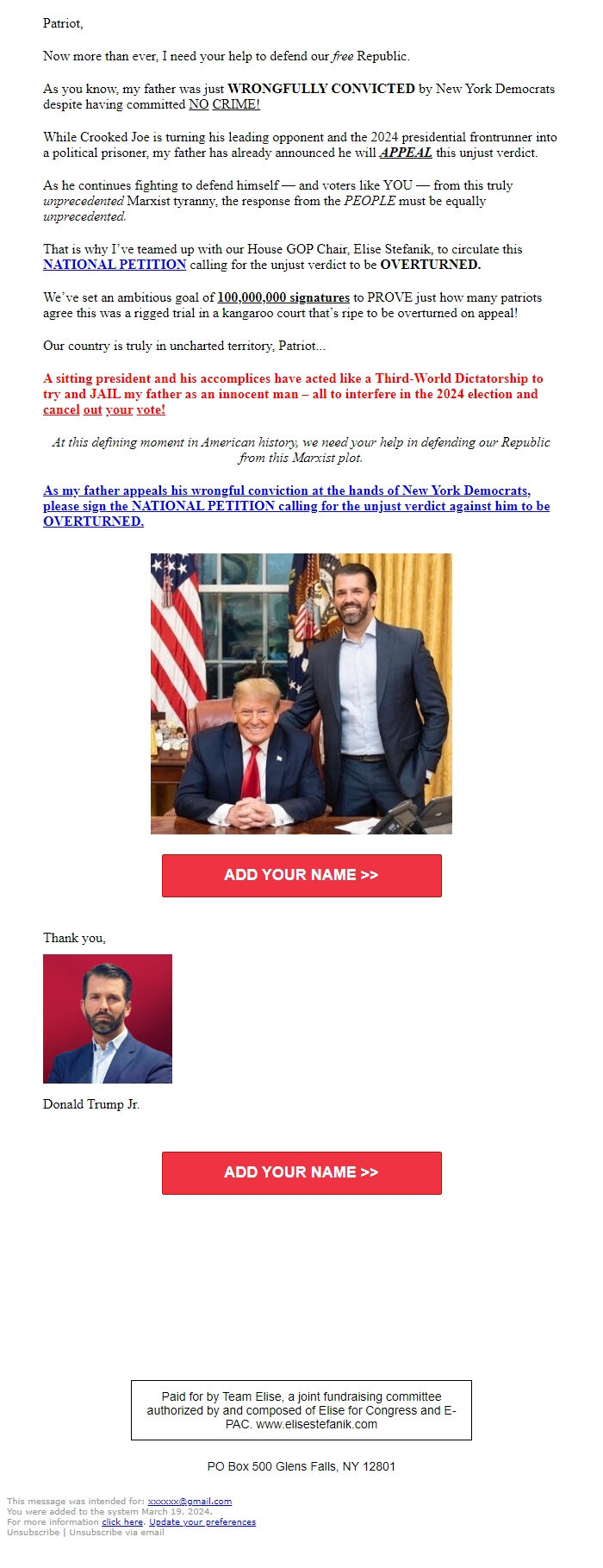 Screenshot of the email generated on import