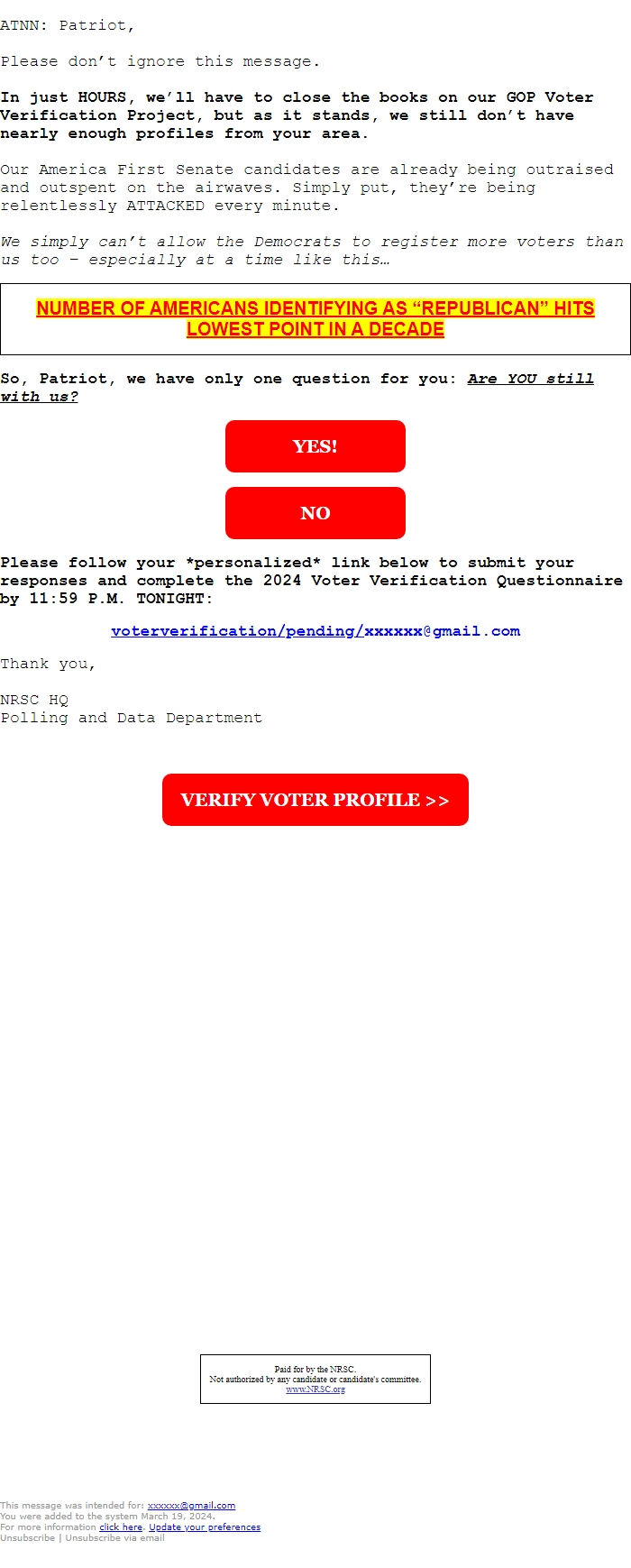 Screenshot of the email generated on import