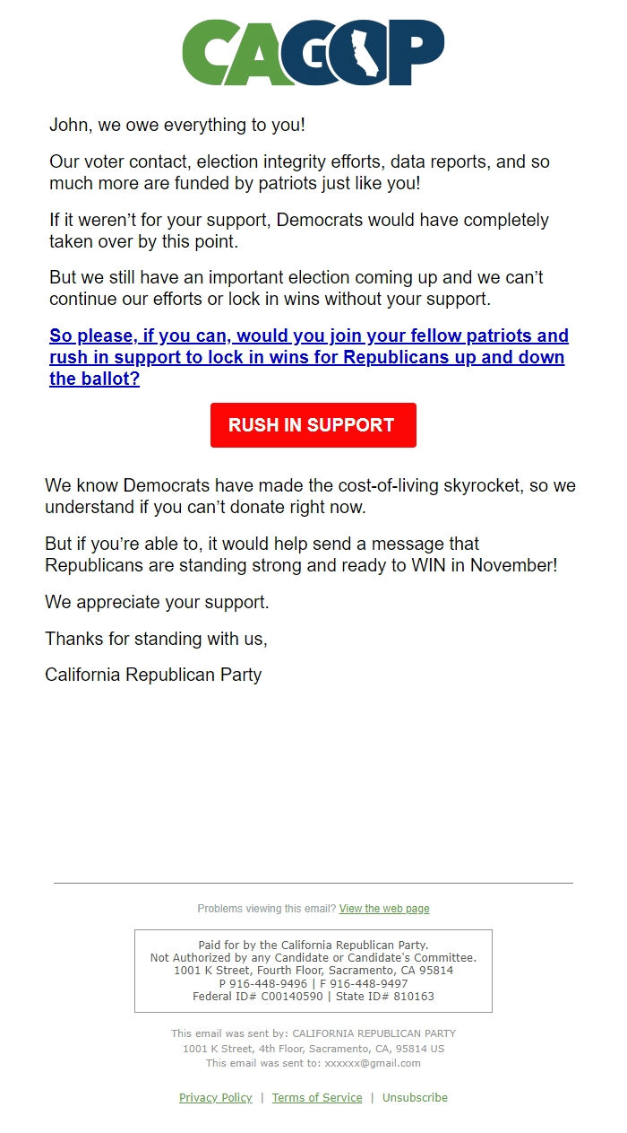 Screenshot of the email generated on import