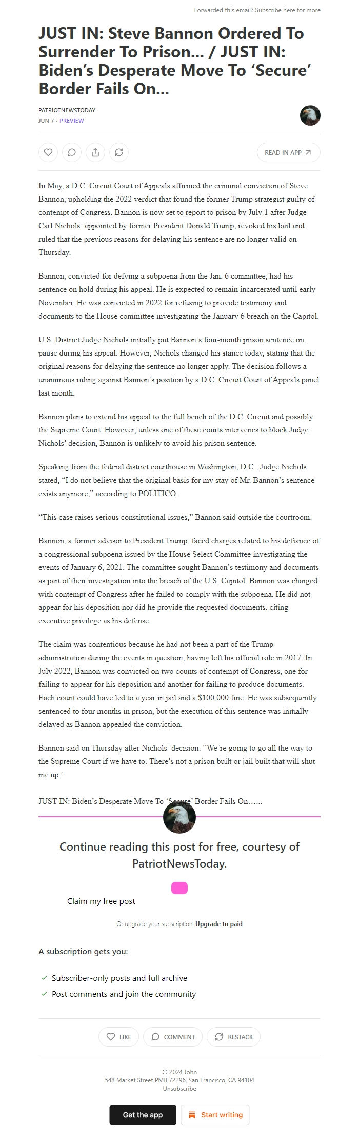 Screenshot of the email generated on import