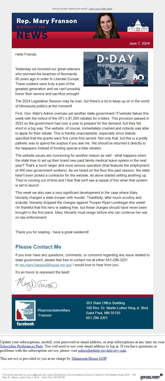 Screenshot of the email generated on import