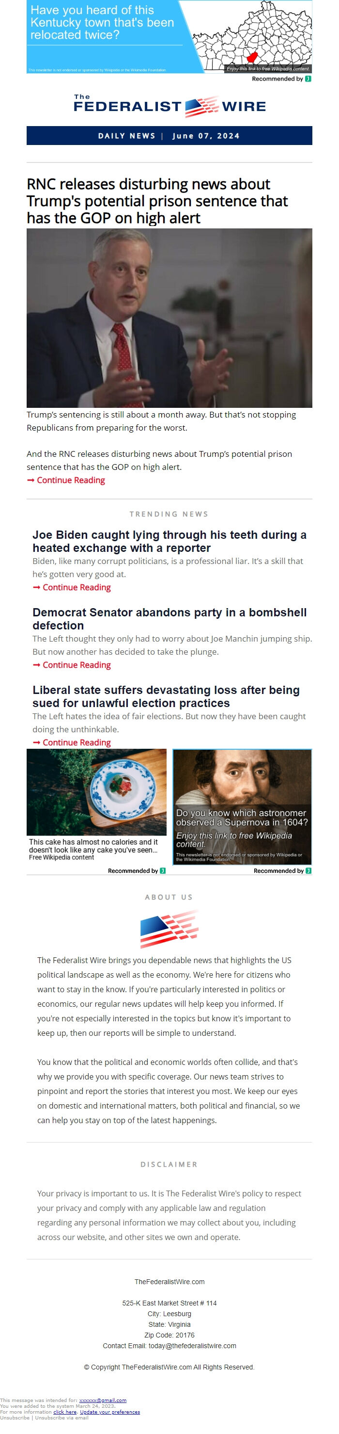 Screenshot of the email generated on import