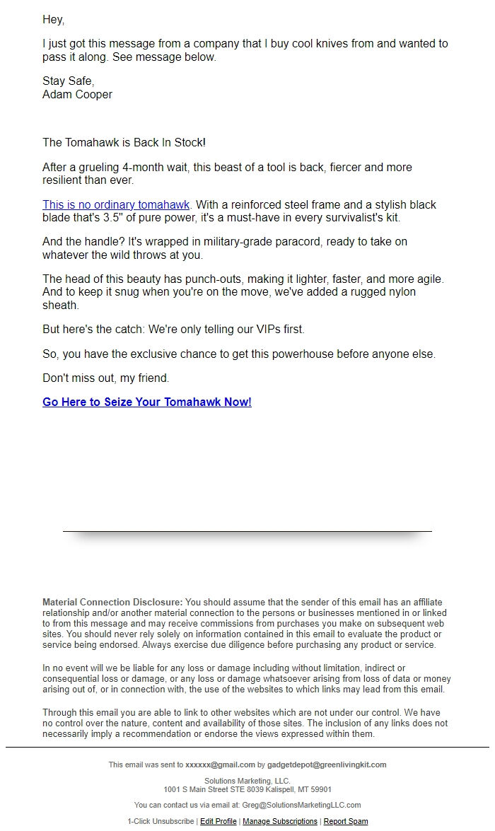 Screenshot of the email generated on import