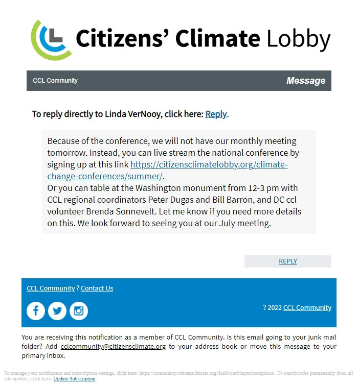 Screenshot of the email generated on import