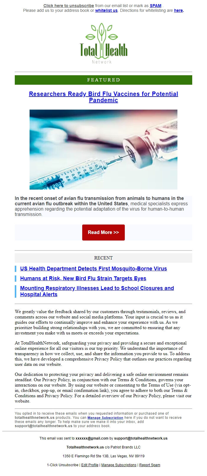 Screenshot of the email generated on import