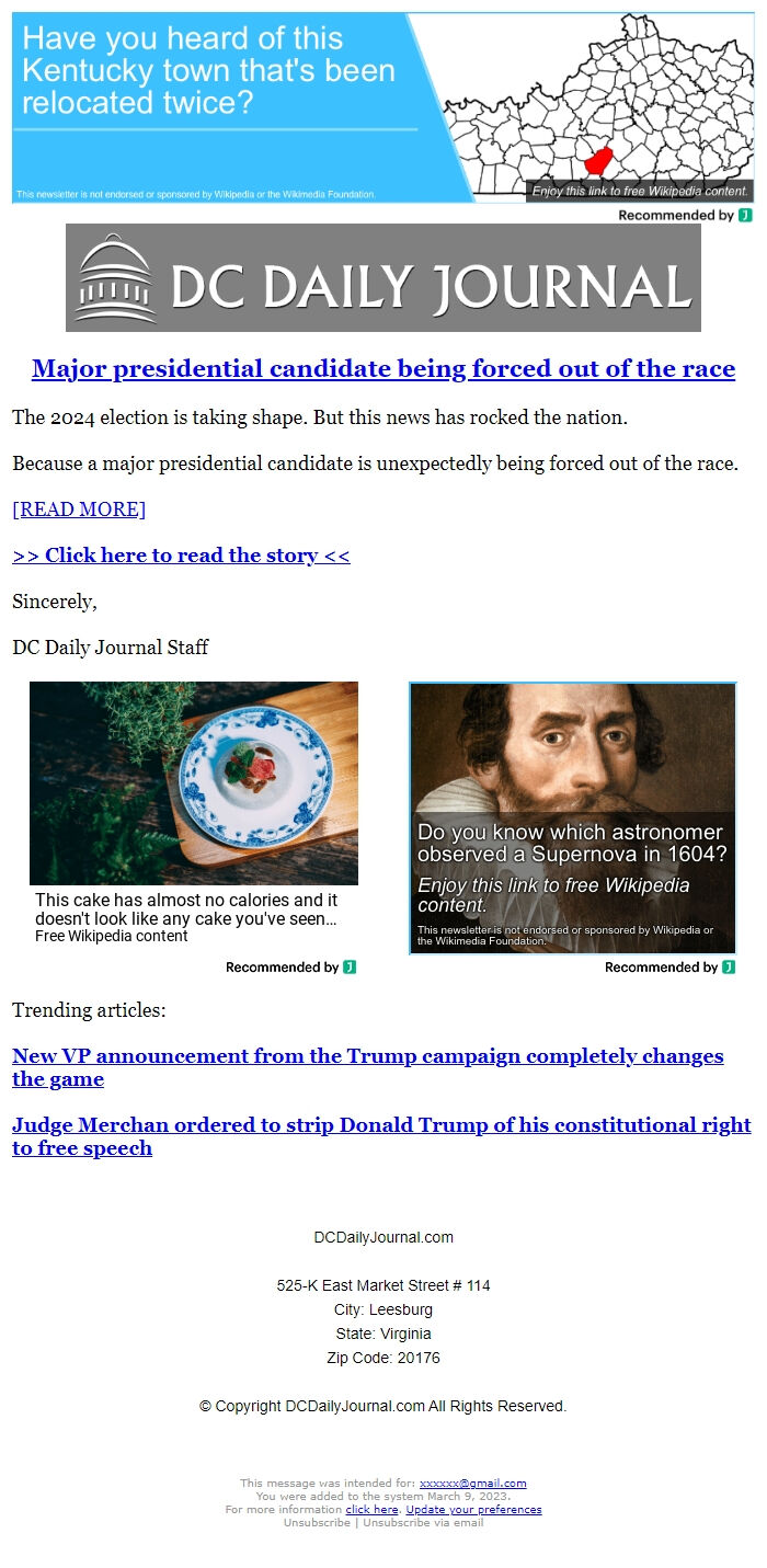 Screenshot of the email generated on import