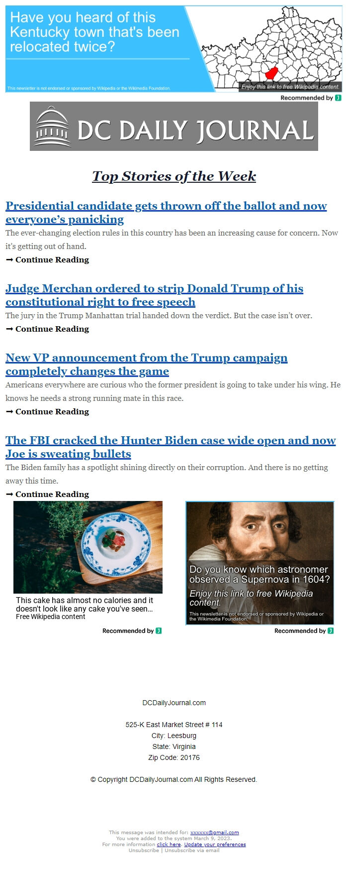 Screenshot of the email generated on import