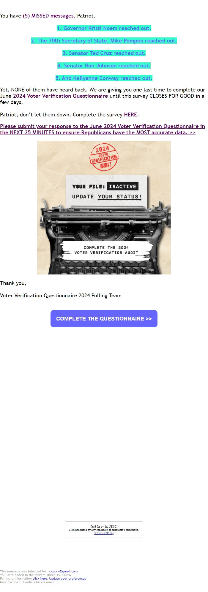 Screenshot of the email generated on import