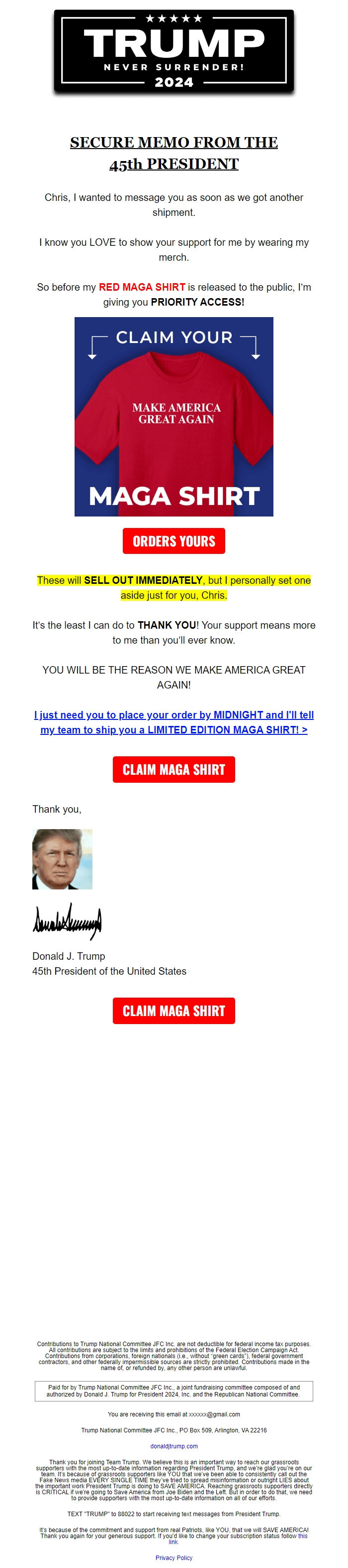 Screenshot of the email generated on import