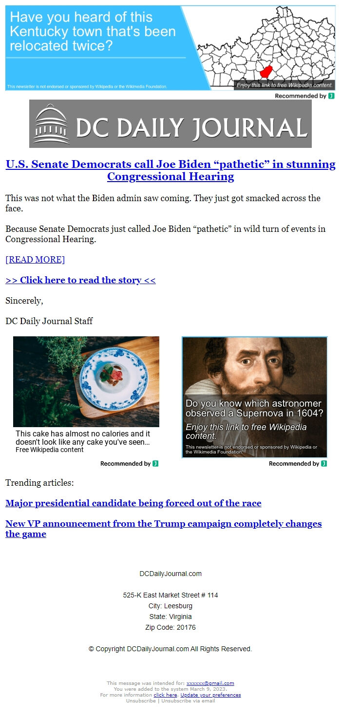 Screenshot of the email generated on import