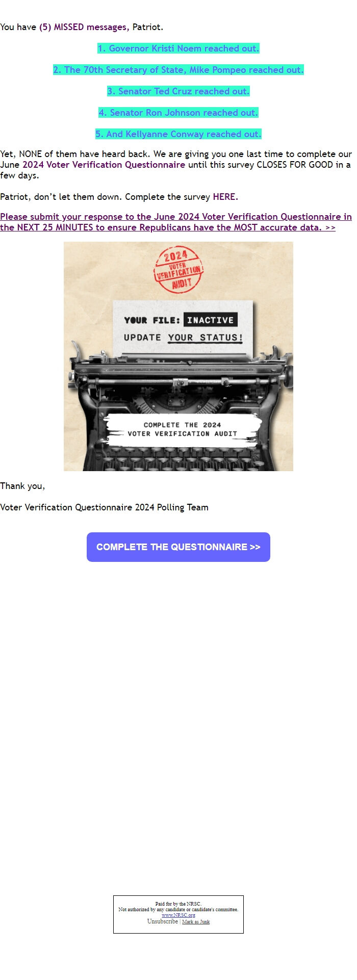 Screenshot of the email generated on import