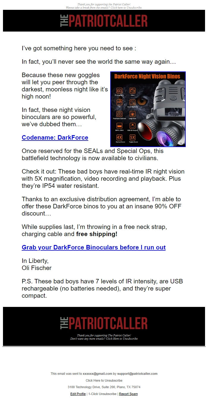 Screenshot of the email generated on import