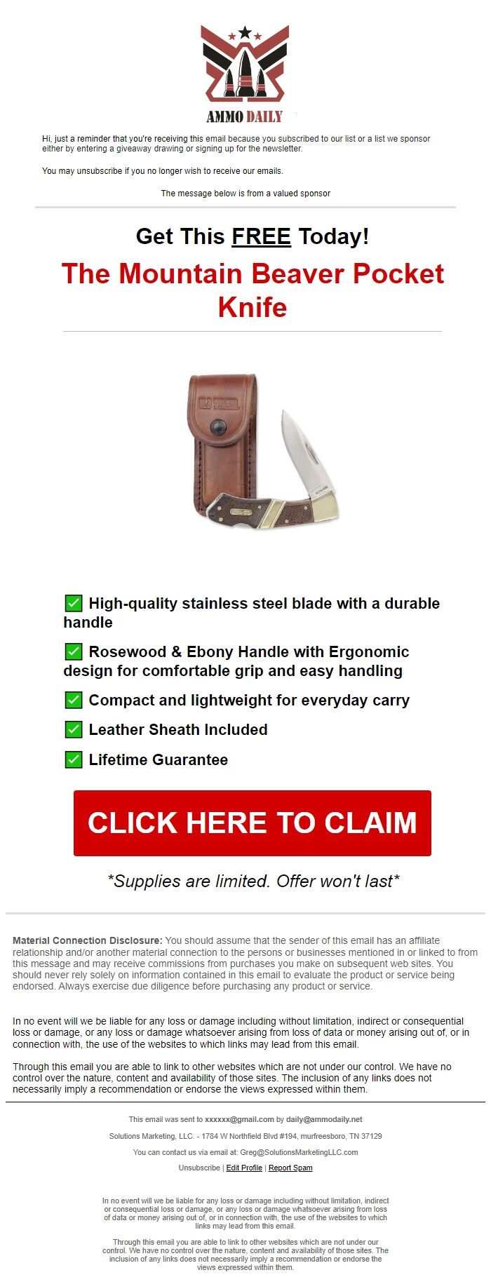 Screenshot of the email generated on import