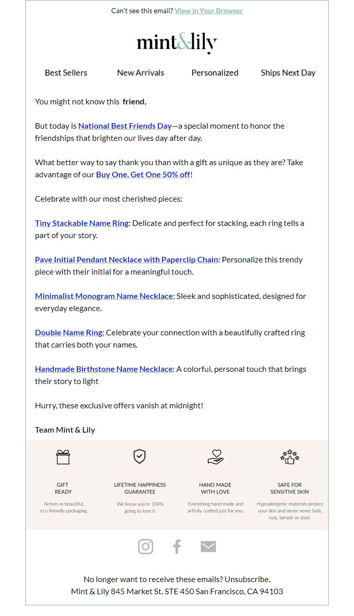 Screenshot of the email generated on import