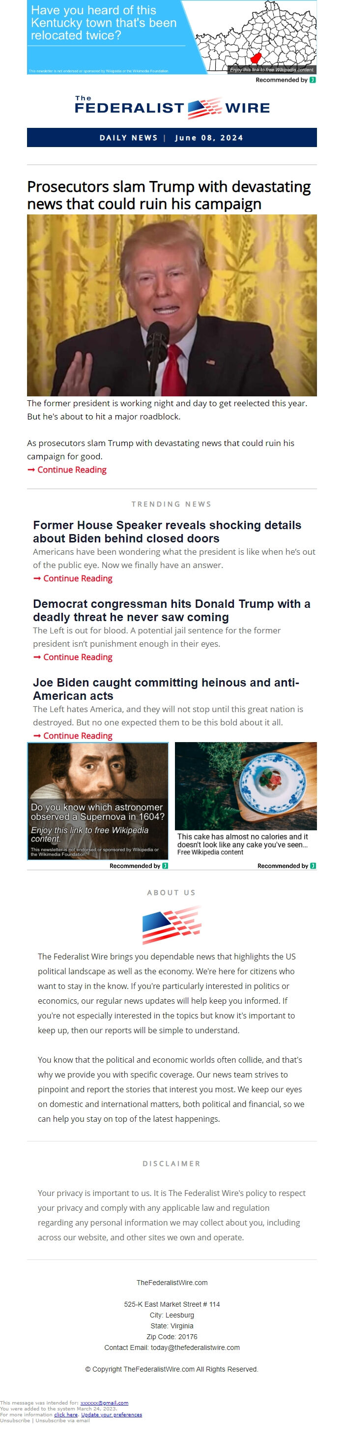 Screenshot of the email generated on import