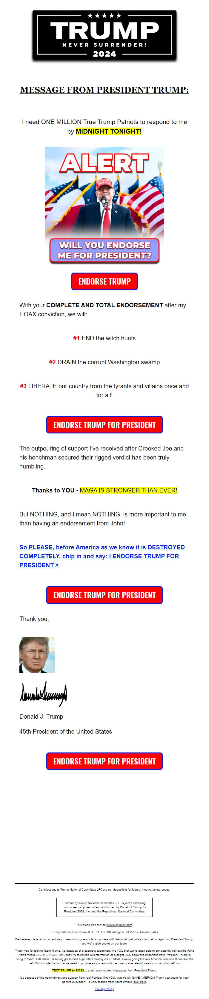 Screenshot of the email generated on import