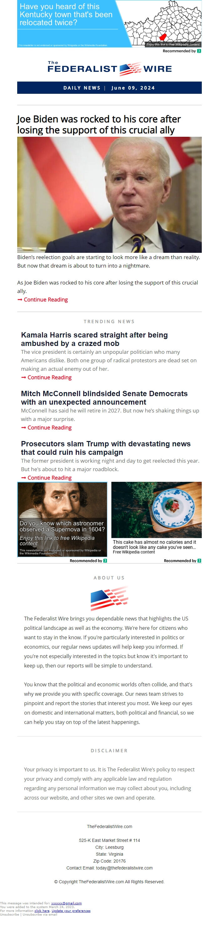 Screenshot of the email generated on import