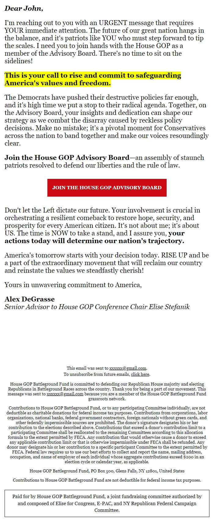 Screenshot of the email generated on import