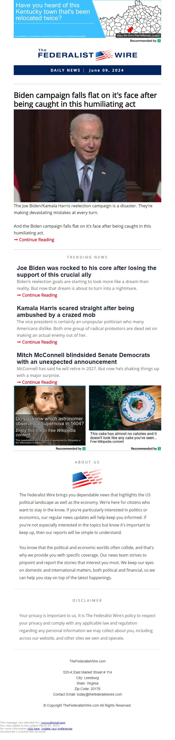 Screenshot of the email generated on import