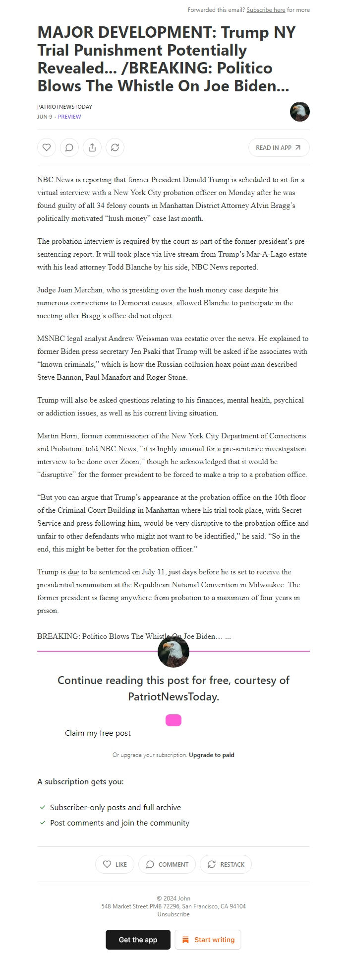 Screenshot of the email generated on import