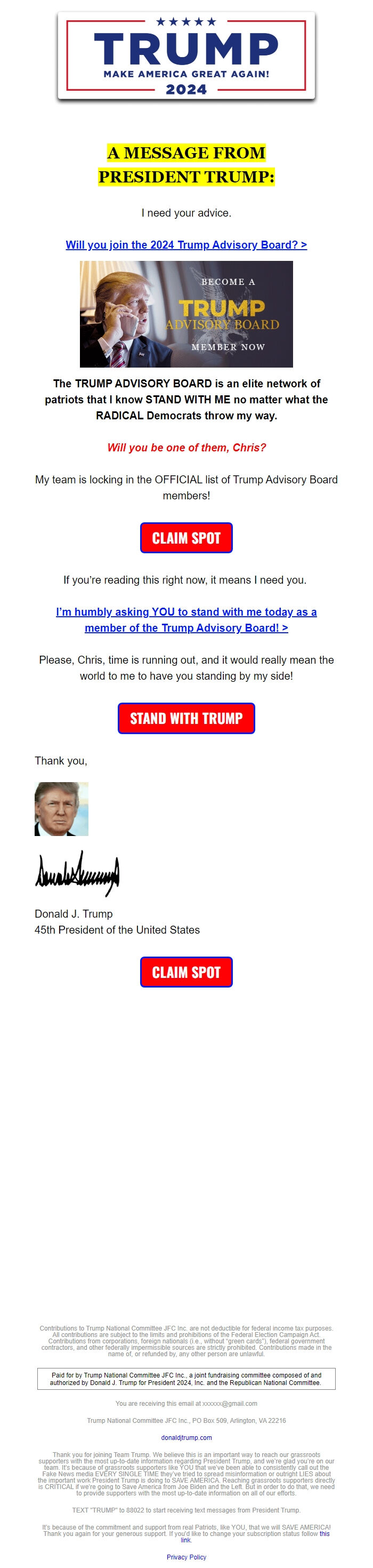 Screenshot of the email generated on import