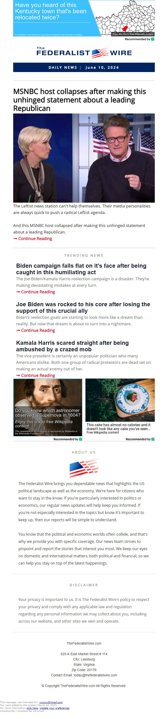 Screenshot of the email generated on import