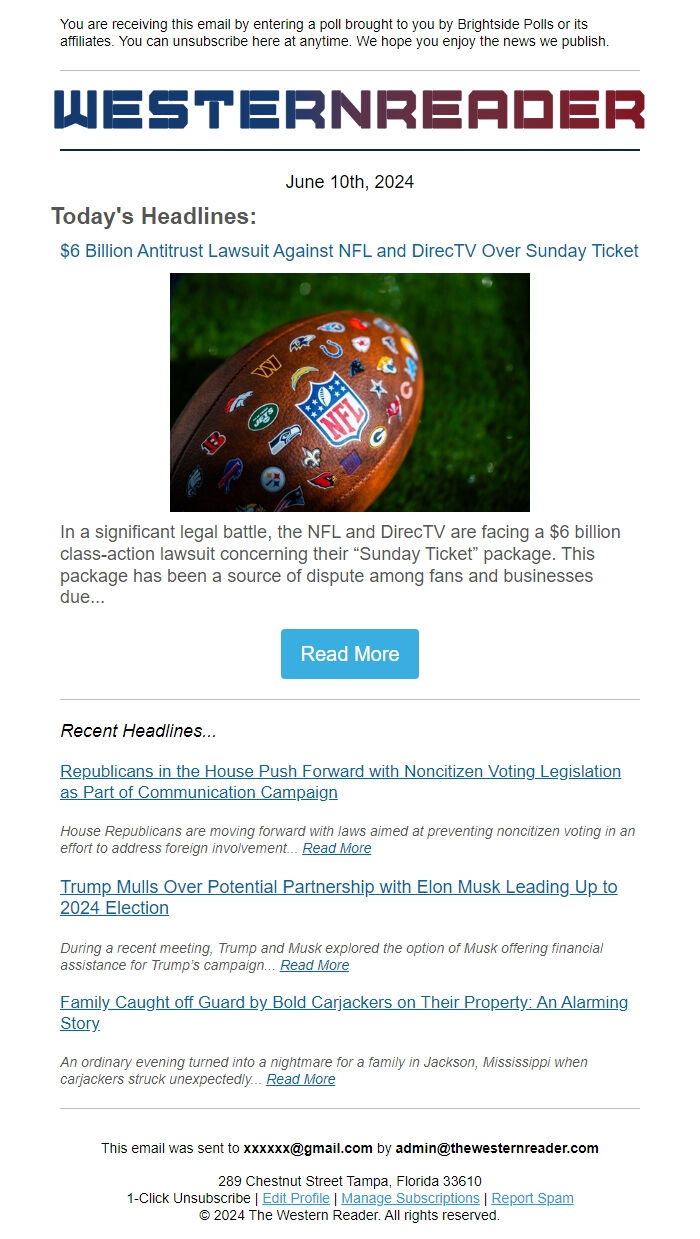 Screenshot of the email generated on import