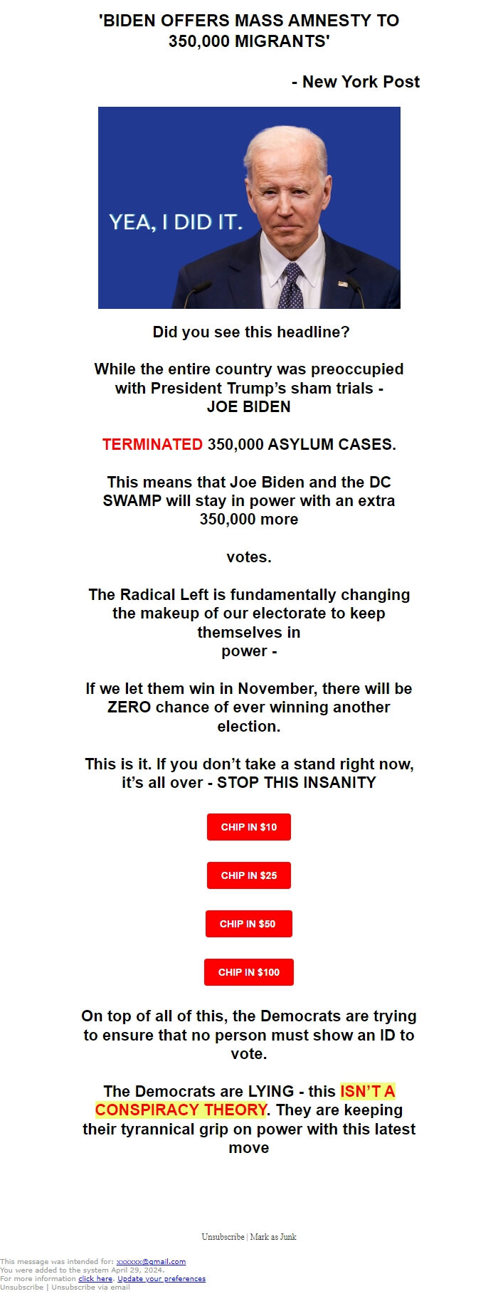 Screenshot of the email generated on import