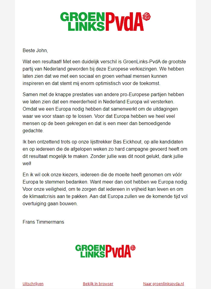 Screenshot of the email generated on import