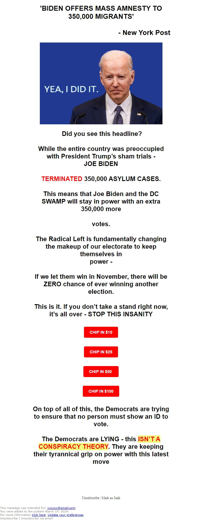 Screenshot of the email generated on import