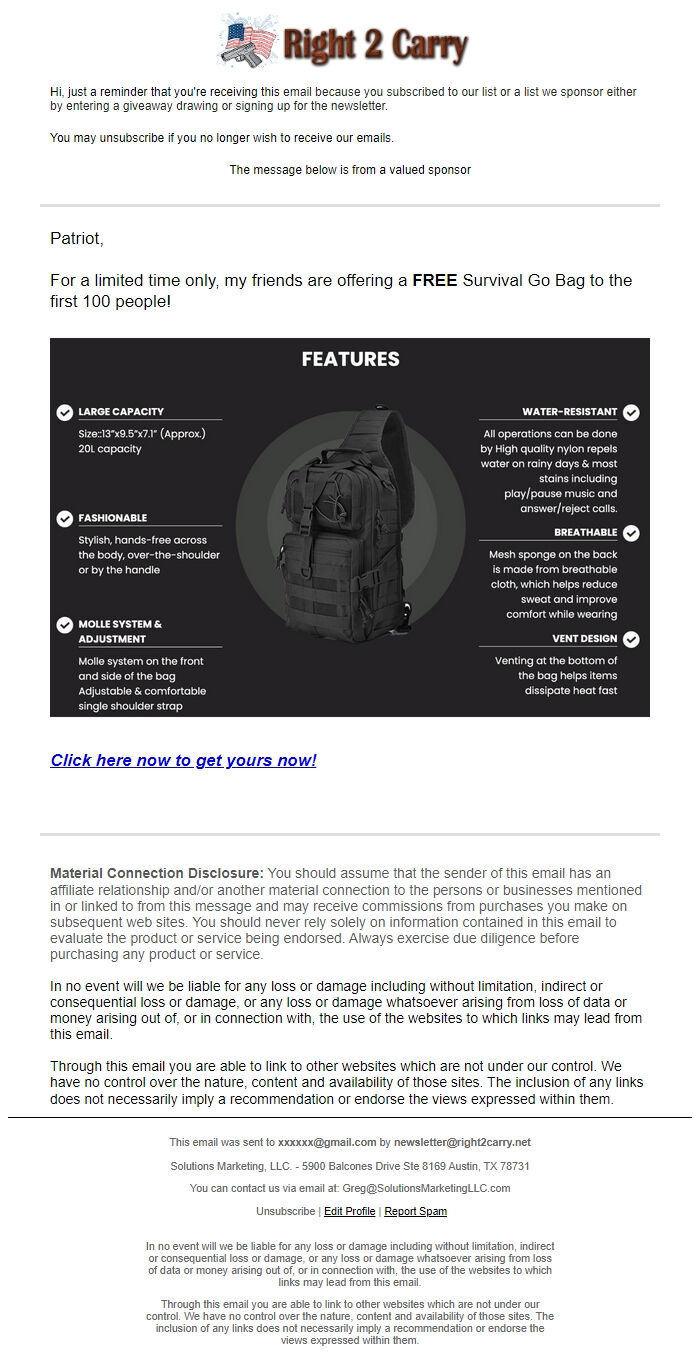 Screenshot of the email generated on import