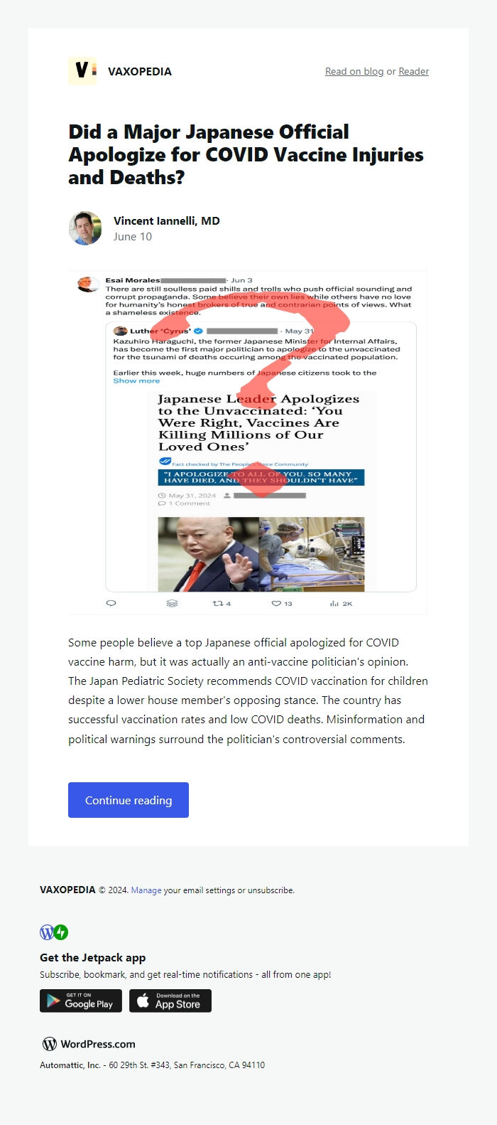 Screenshot of the email generated on import