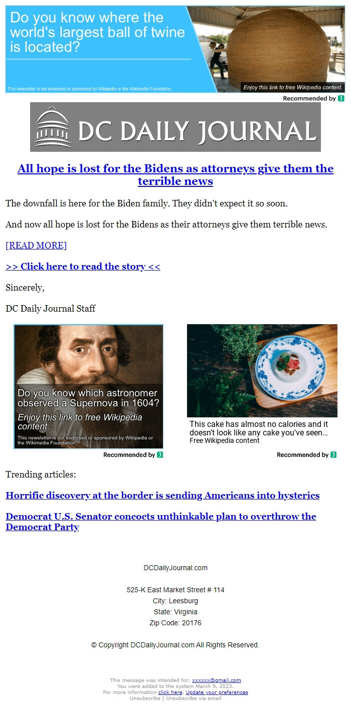 Screenshot of the email generated on import