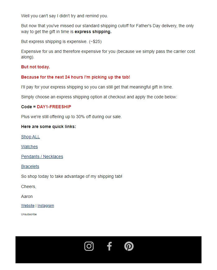 Screenshot of the email generated on import