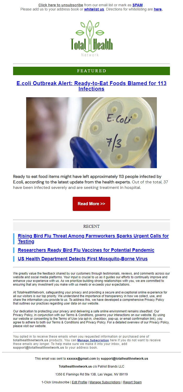 Screenshot of the email generated on import