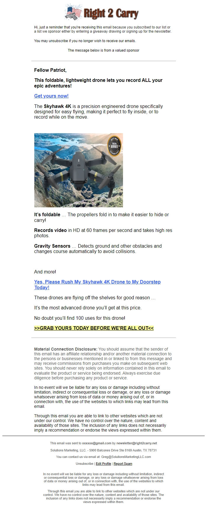 Screenshot of the email generated on import