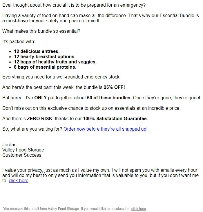 Screenshot of the email generated on import