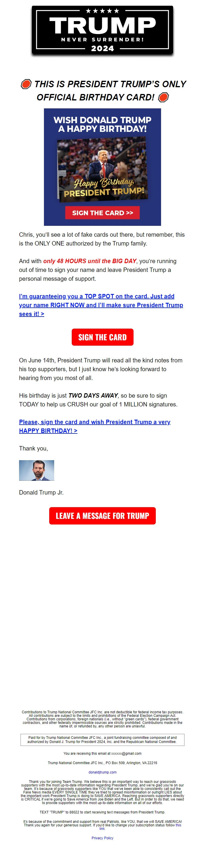 Screenshot of the email generated on import