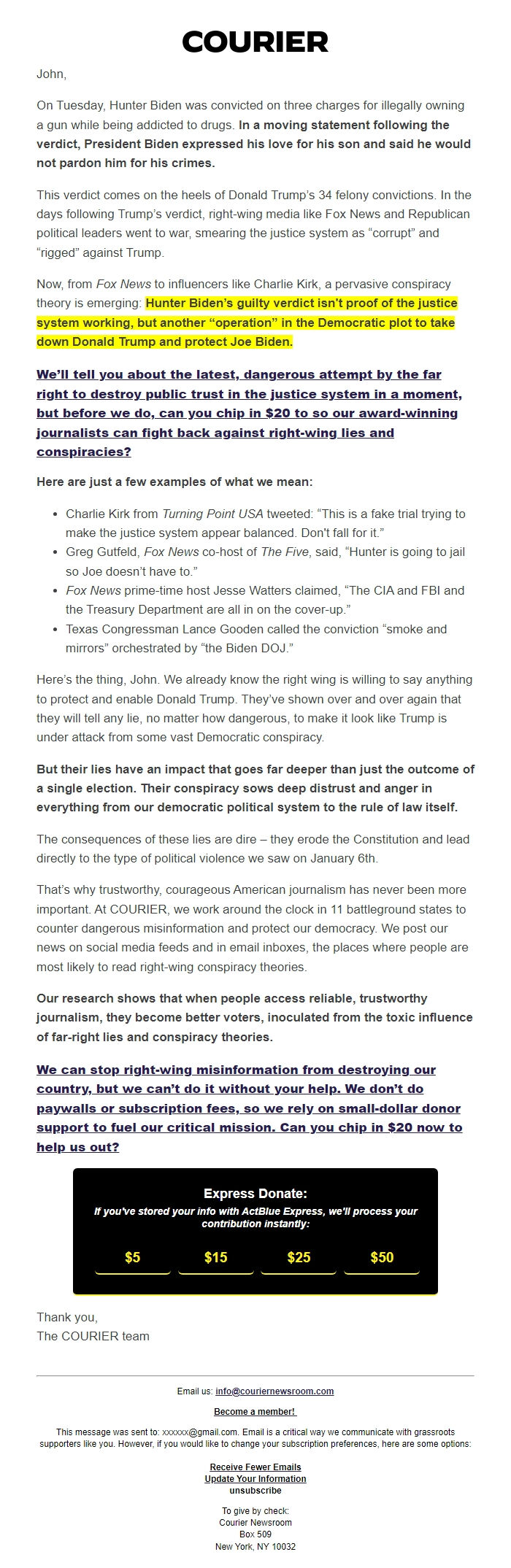 Screenshot of the email generated on import