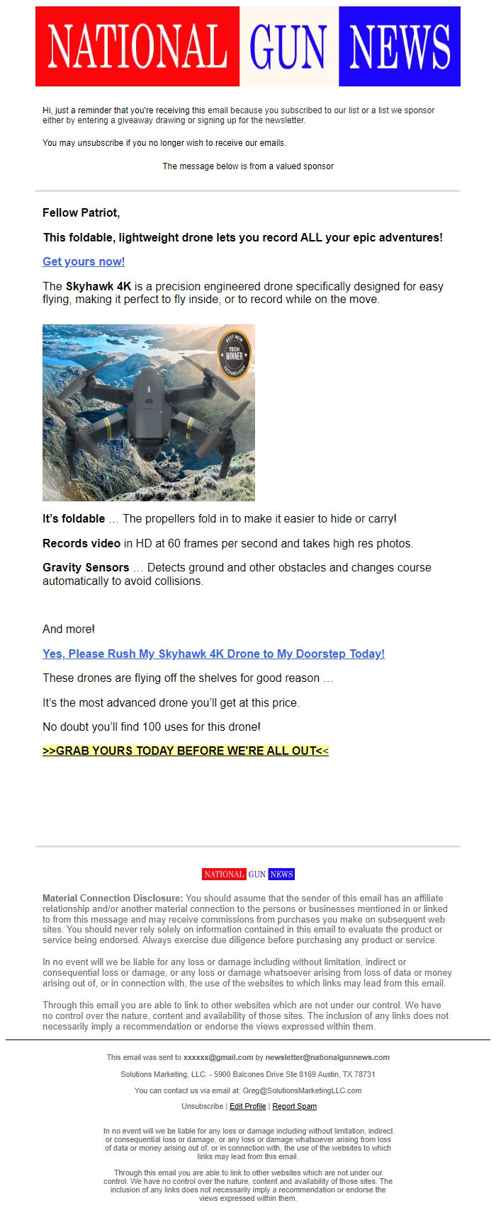 Screenshot of the email generated on import